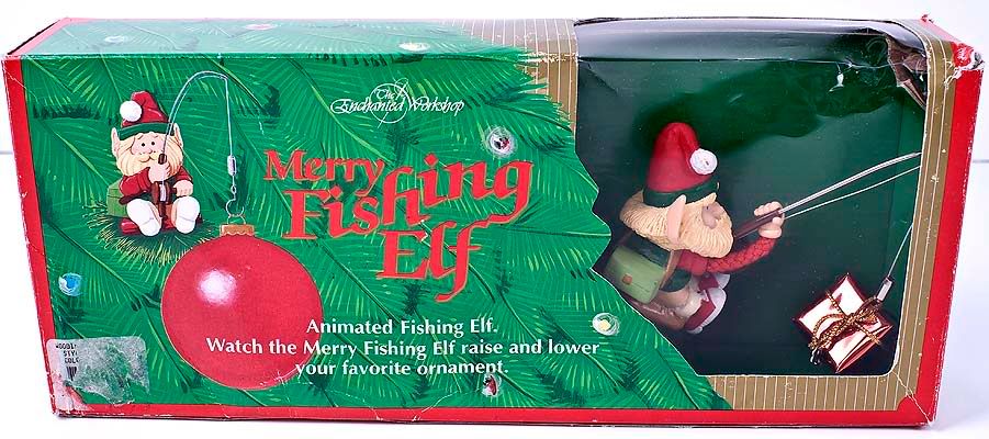 The Enchanted Workshop Merry Fishing Elf Animated Ornament Original Box